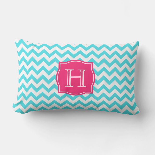 Zigzag Turquoise and Pink Custom Monogram Lumbar Pillow (Front)