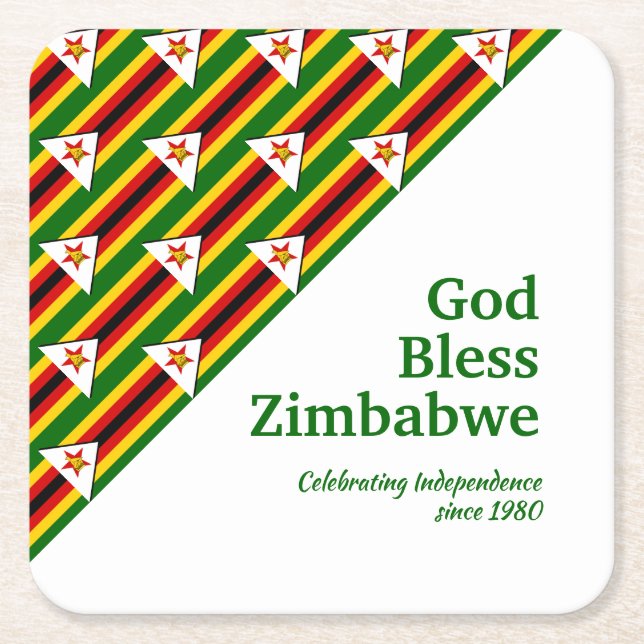 ZIMBABWE FLAG with Customizable Text GOD BLESS Square Paper Coaster (Front)