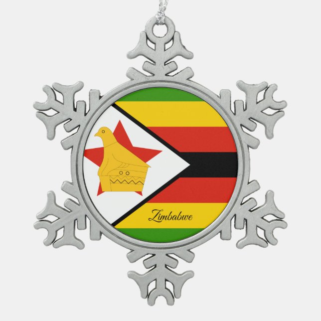 Zimbabwe snowflake, Zimbabwe Flag Snowflake Pewter Christmas Ornament (Front)