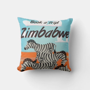 Zimbabwe Zebra vintage travel poster Throw Pillow