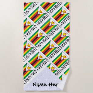Zimbabwe Zimbabwean Flag Tiled Black Personalized Beach Towel