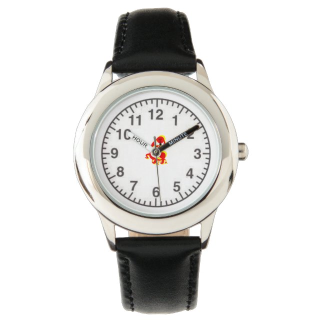 ZIMKA Kid's Stainless Steel Black Leather Band Watch (Front)