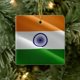 zIN002 Indian waving FLAG India, Ceramic Ornament