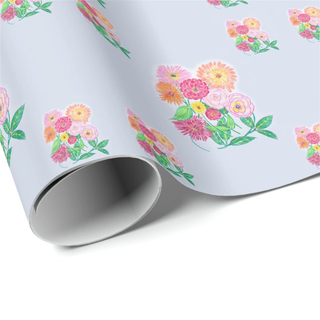 Zinia Flower Mix Pencil Drawing Colour Background Wrapping Paper (Roll Corner)