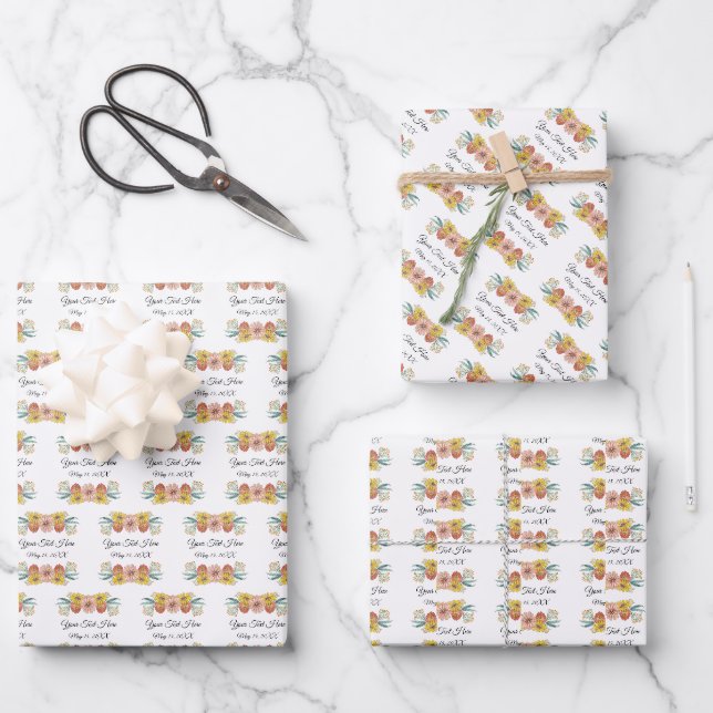 Zinnia Art Drawing - Custom Text Wreath Wrapping Paper Sheet (Front)