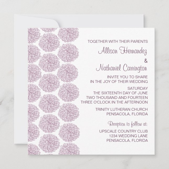 Zinnia Border Wedding Invite, Purple Invitation (Front)