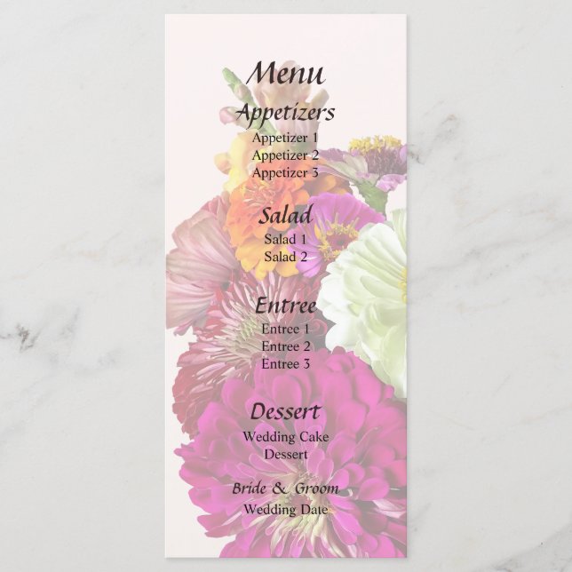 Zinnia Bouquet Mixed Colours  Wedding Menu (Front)