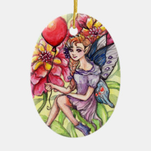 Zinnia Fairy with Red Balloon Ceramic Ornament
