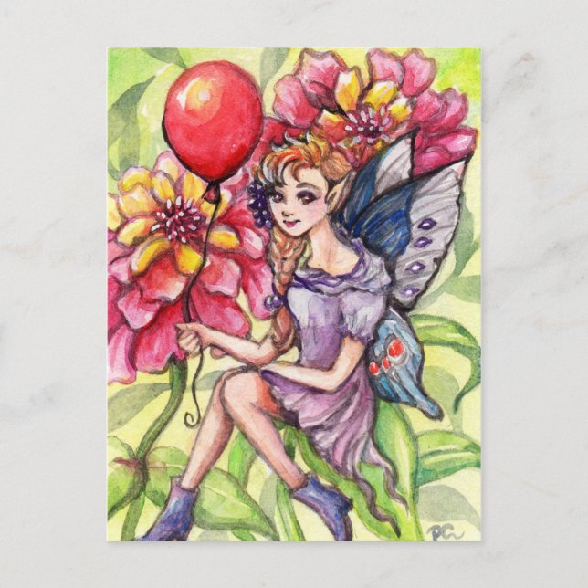 Zinnia Fairy with Red Balloon Postcard (Front)