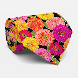 Zinnia Floral Bright Pink Orange Yellow Pattern Tie