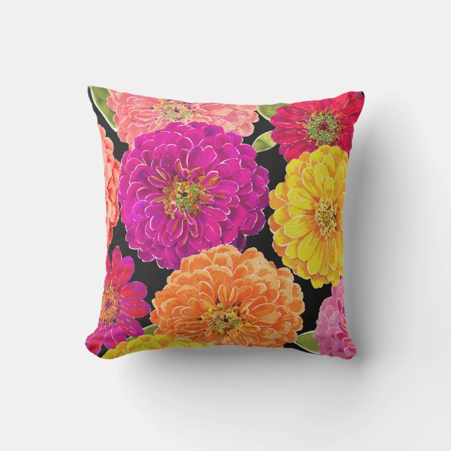 Zinnia Floral Pink Yellow Purple Peach Outdoor Pillow (Front)