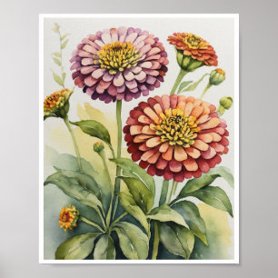 Zinnia Flowers Handmade Water Colour Wall Poster