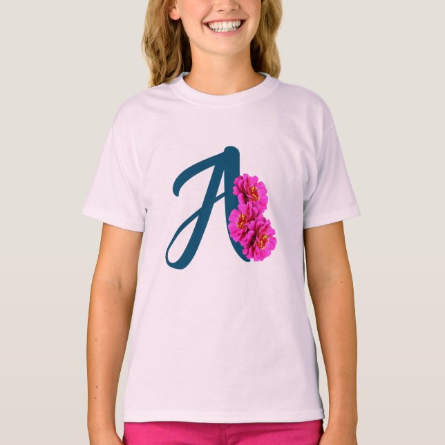 Zinnia Flowers Monogram Initial A  T-Shirt (Front)