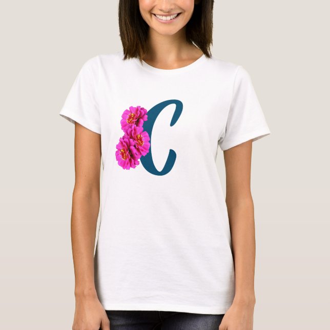 Zinnia Flowers Monogram Initial C  T-Shirt (Front)