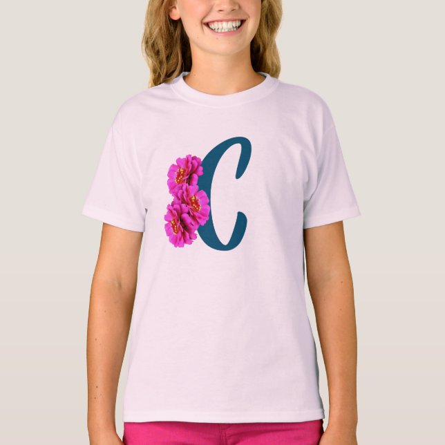 Zinnia Flowers Monogram Initial C  T-Shirt (Front)