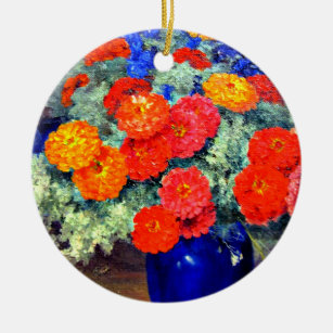 Zinnias, brightly coloured and beautiful ceramic ornament