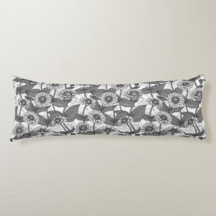 Zinnias, monochome on white body pillow