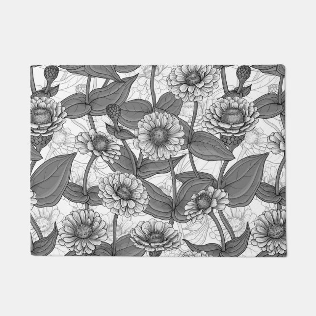 Zinnias, monochome on white doormat (Front)