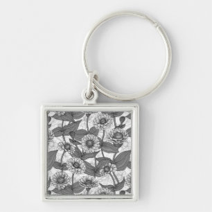 Zinnias, monochome on white keychain