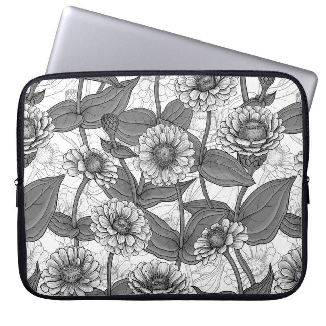 Zinnias, monochome on white laptop sleeve (Front)