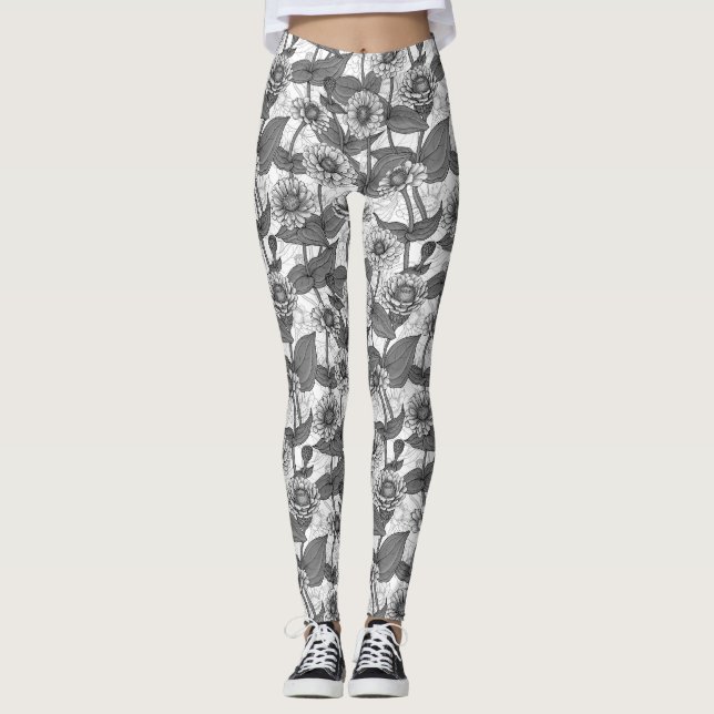 Zinnias, monochome on white leggings (Front)