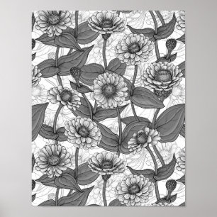 Zinnias, monochome on white poster