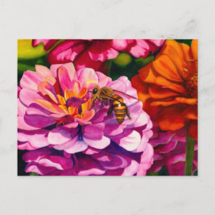 Zinnias with worker bee postcard