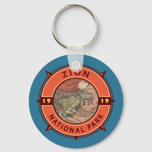 Zion National Park Bighorn Sheep Retro Compass Keychain