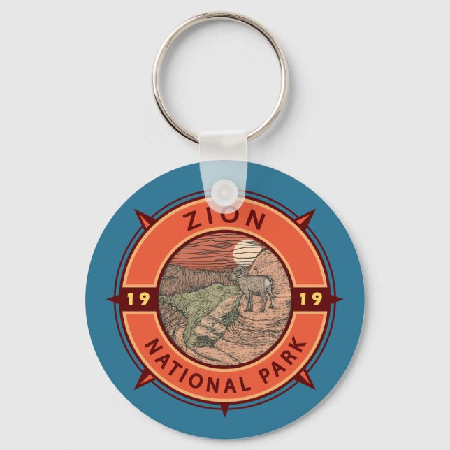 Zion National Park Bighorn Sheep Retro Compass Keychain (Front)