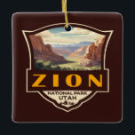 Zion National Park Illustration Retro Badge Ceramic Ornament<br><div class="desc">Zion vector artwork design. The park is a southwest Utah nature preserve distinguished by Zion Canyon’s steep red cliffs.</div>
