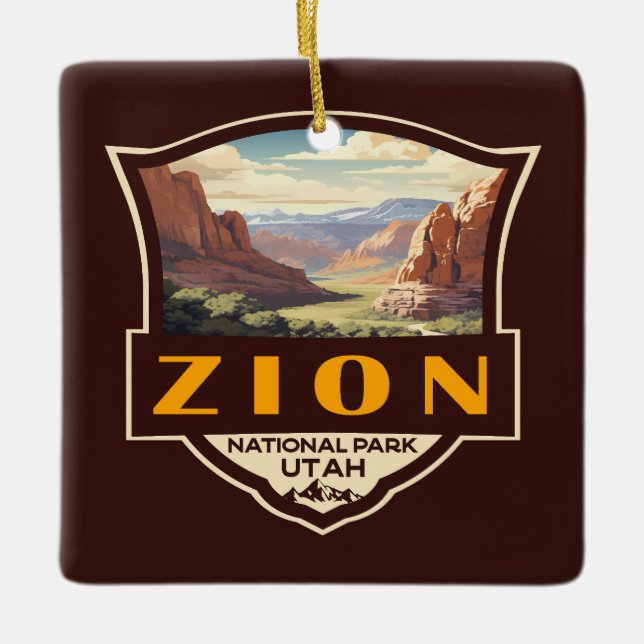 Zion National Park Illustration Retro Badge Ceramic Ornament (Front)