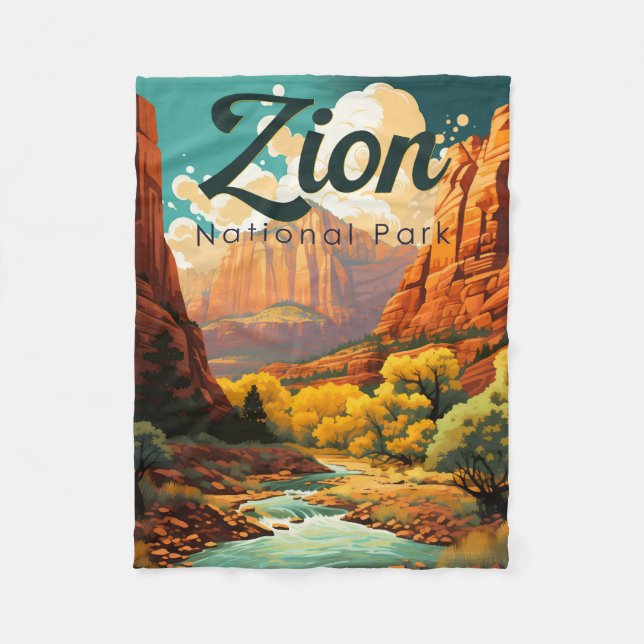 Zion National Park Illustration Retro Fleece Blanket (Front)