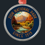 Zion National Park Retro Distressed Circle Metal Ornament<br><div class="desc">Zion vector artwork design. The park is a southwest Utah nature preserve distinguished by Zion Canyon’s steep red cliffs.</div>