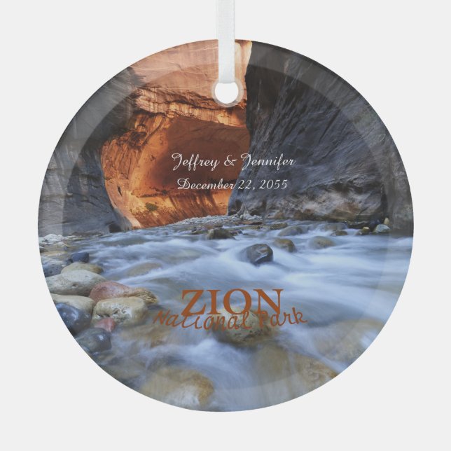 Zion National Park, The Narrows, Name, Circle Glass Ornament (Front)