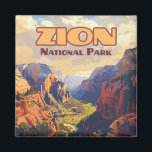 Zion National Park Utah Moab Canyon Retro Magnet<br><div class="desc">The Zion Canyon gorge at sunset in Zion National Park. Zion National Park, located in southern Utah, was established in 1919 and is celebrated for its towering sandstone cliffs, lush canyons, and diverse ecosystems. Key sights include Angels Landing, a dramatic hiking trail with stunning panoramic views, and The Narrows, where...</div>