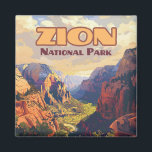 Zion National Park Utah Moab Canyon Retro Magnet<br><div class="desc">The Zion Canyon gorge at sunset in Zion National Park. Zion National Park, located in southern Utah, was established in 1919 and is celebrated for its towering sandstone cliffs, lush canyons, and diverse ecosystems. Key sights include Angels Landing, a dramatic hiking trail with stunning panoramic views, and The Narrows, where...</div>