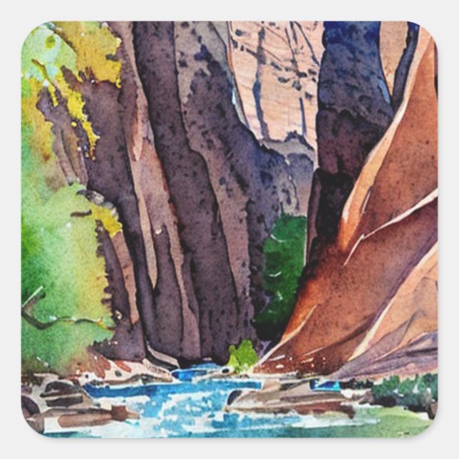 Zion National Park Utah The Narrows Watercolor Square Sticker (Front)