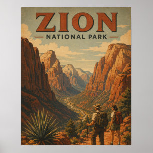 Zion National Park Vintage WPA Style Canyon Hiking Poster