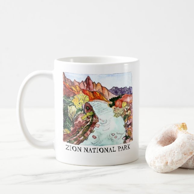 Zion National Park Watercolor Art Coffee Mug (With Donut)