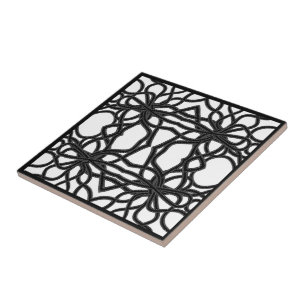 Zip Tied Black On White Curvy Symmetrical Pattern Tile