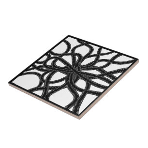 Zip Tied Black On White Curvy Symmetrical Pattern  Tile