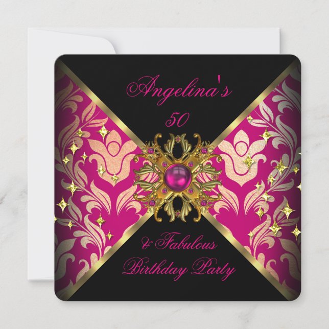 ZIZZAGO DESIGN Fabulous 50 Pink Gold Damask Party Invitation (Front)