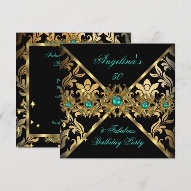 ZIZZAGO DESIGN Fabulous Jade Gold Damask Party 2 Invitation (Front/Back)