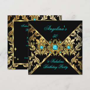 ZIZZAGO DESIGN Fabulous Teal Gold Black Damask Invitation