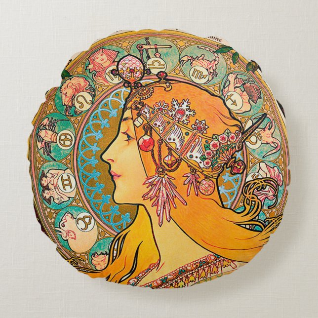 Zodiac, Alphonse Mucha Throw Pillow (Front)