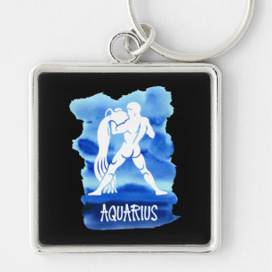 Zodiac Aquarius Stylized Sign Blue Watercolor Keychain