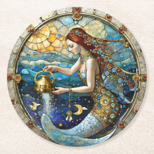Zodiac - Aquarius The Water Bearer Mermaid Round Paper Coaster