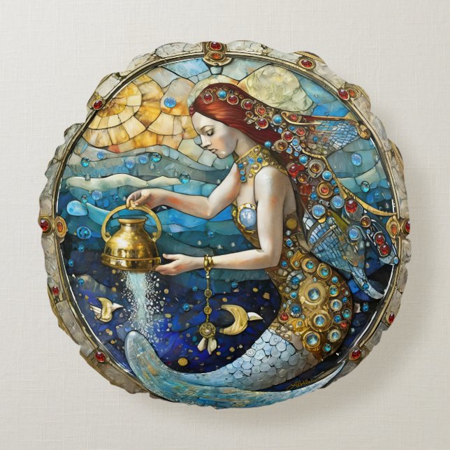 Zodiac - Aquarius The Water Bearer Mermaid Round Pillow (Front)