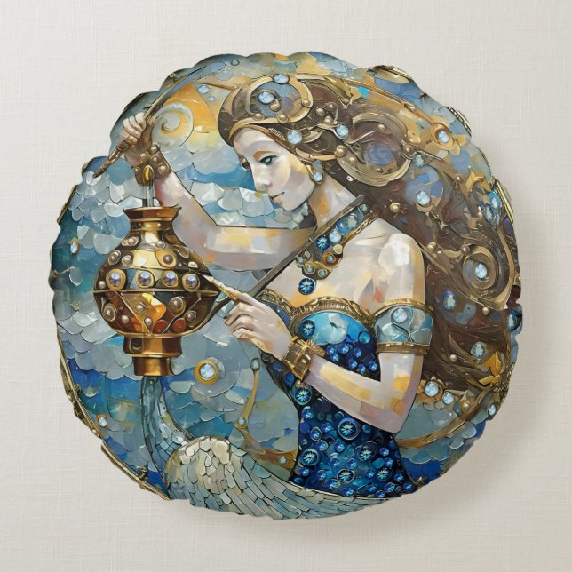 Zodiac - Aquarius The Water Bearer Round Pillow (Front)