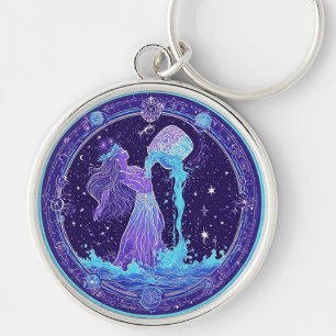 Zodiac Aquarius with Stars and Mystical Symbols Keychain